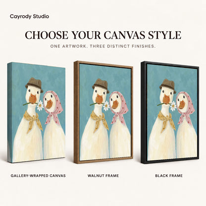 Daisy Duck Couple artwork finish chart showing gallery wrapped canvas, walnut frame, and black frame options.