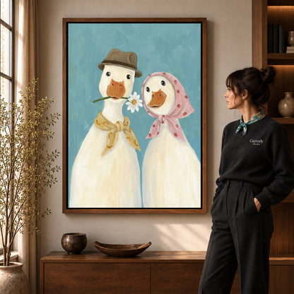 Walnut framed daisy duck couple artwork scene assigned to all six walnut framed canvas sizes.