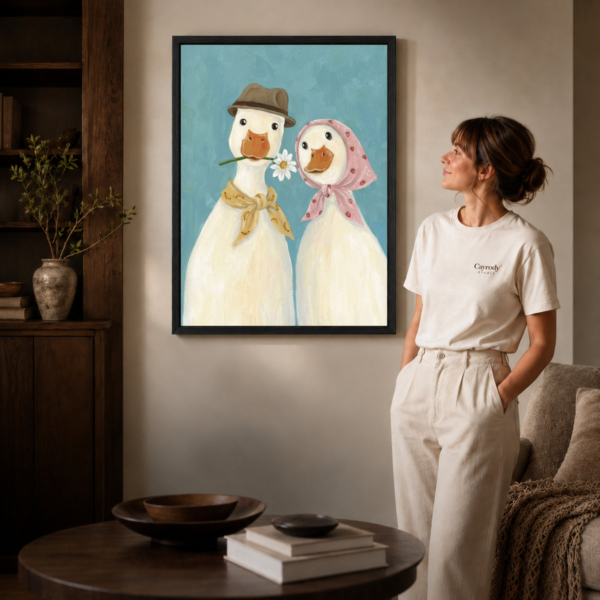 Black framed daisy duck couple artwork scene assigned to all six black framed canvas sizes.
