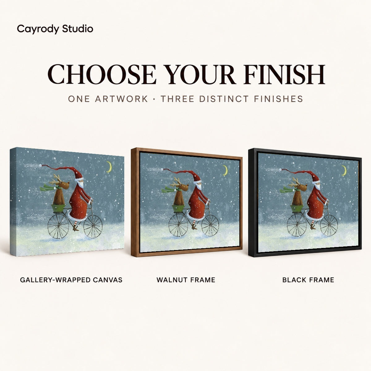 Santa Bicycle Ride artwork finish chart showing gallery wrapped canvas, walnut frame, and black frame options.