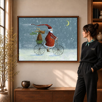 Walnut framed santa bicycle ride artwork scene assigned to all six walnut framed canvas sizes.