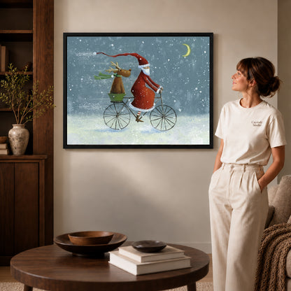 Black framed santa bicycle ride artwork scene assigned to all six black framed canvas sizes.