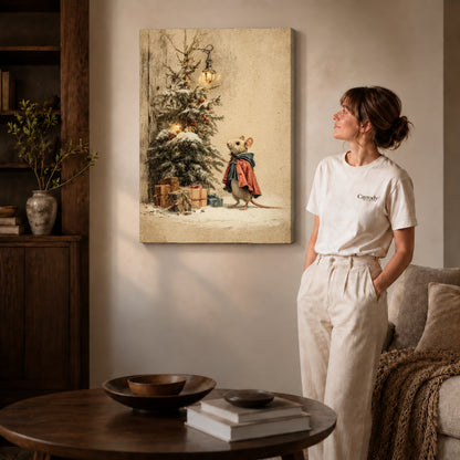 Gallery wrapped christmas mouse visit artwork with shaded canvas edges beside a woman wearing cream clothing.