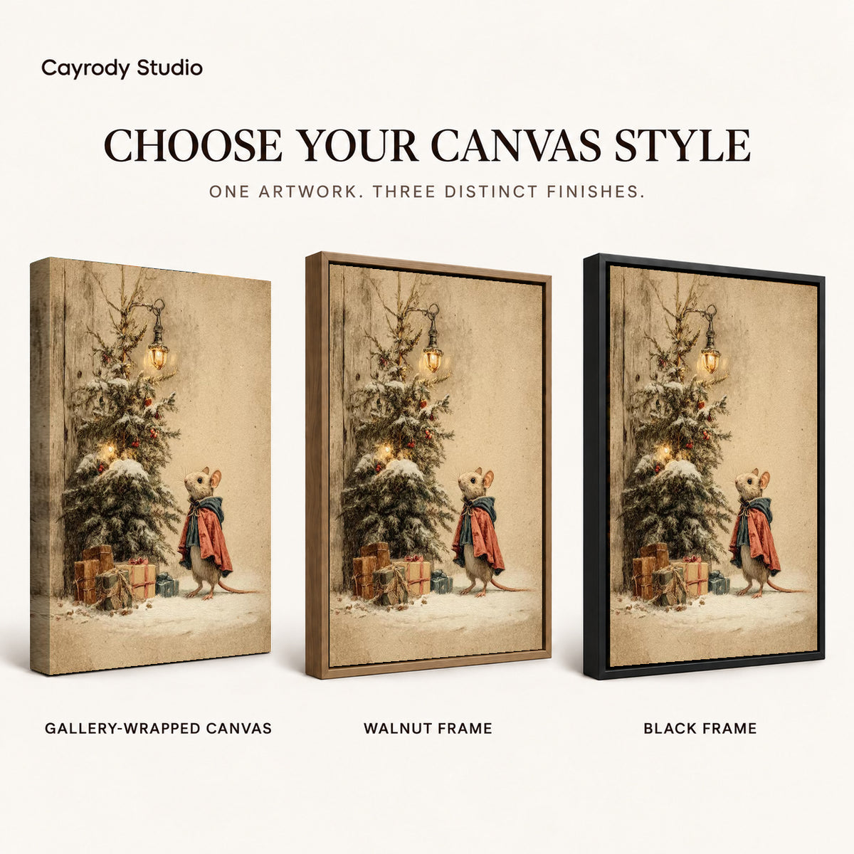 Christmas Mouse Visit artwork finish chart showing gallery wrapped canvas, walnut frame, and black frame options.