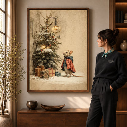 Walnut framed christmas mouse visit artwork scene assigned to all six walnut framed canvas sizes.