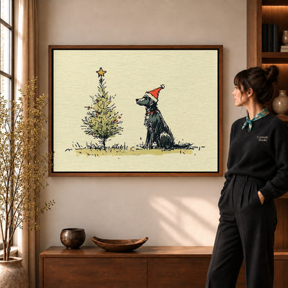 Christmas Dog Sketch artwork in a walnut frame beside a standing woman in a warm room.