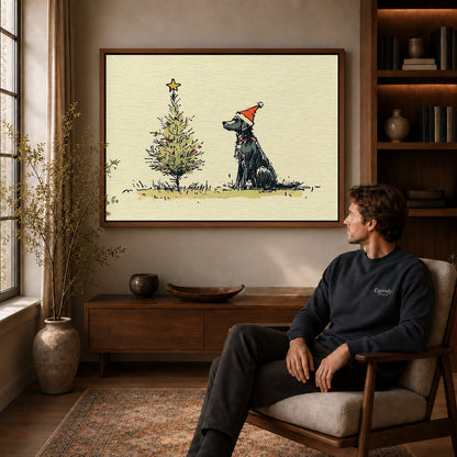 Walnut framed christmas dog sketch artwork above a seated man in a wood furnished living room.