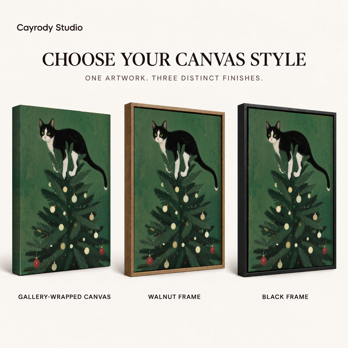 Christmas Tree Kitten artwork finish chart showing gallery wrapped canvas, walnut frame, and black frame options.