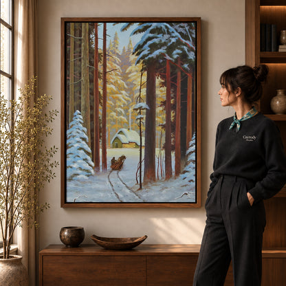 Snowy Forest Sleigh artwork in a walnut frame beside a standing woman in a warm room.
