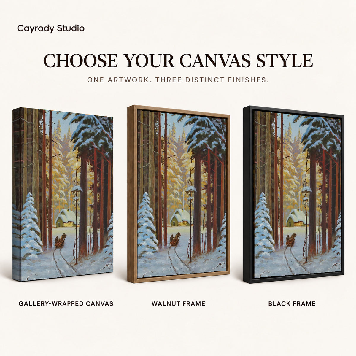 Snowy Forest Sleigh artwork finish chart showing gallery wrapped canvas, walnut frame, and black frame options.