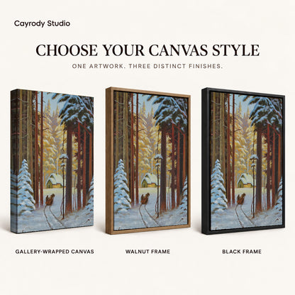 Snowy Forest Sleigh artwork finish chart showing gallery wrapped canvas, walnut frame, and black frame options.