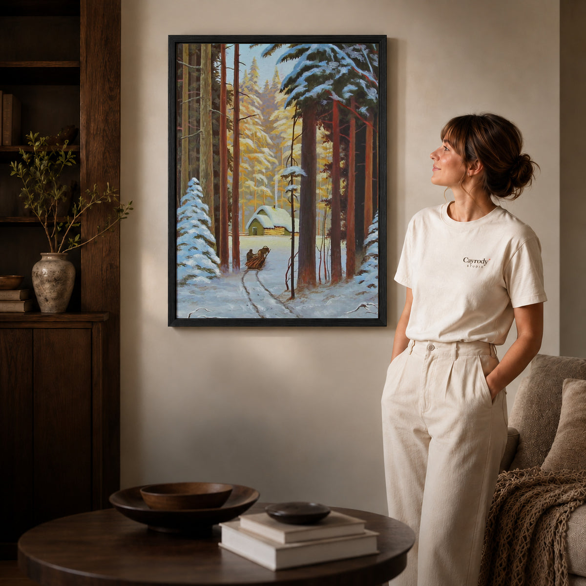 Black framed snowy forest sleigh artwork scene assigned to all six black framed canvas sizes.