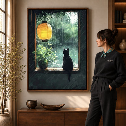 Rainy window cat canvas art in a walnut frame beside a standing woman in a warm living room.
