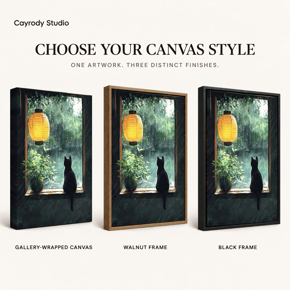 Rainy window cat canvas art finish chart showing gallery wrapped canvas, walnut frame, and black frame options.