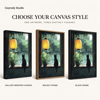Rainy window cat canvas art finish chart showing gallery wrapped canvas, walnut frame, and black frame options.