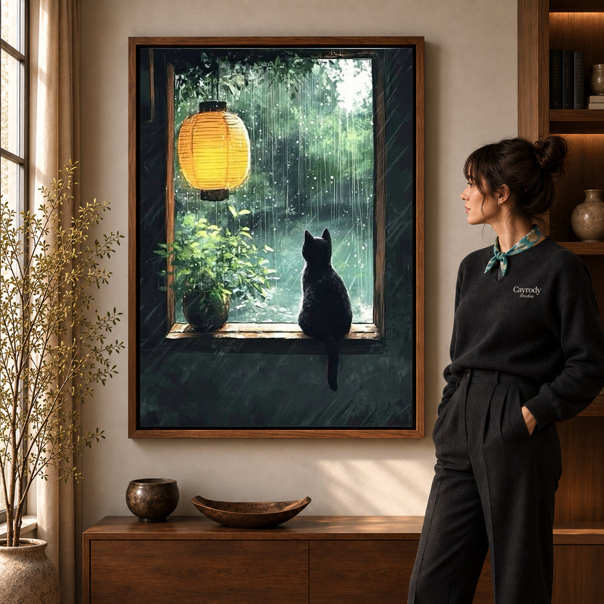Walnut framed rainy window cat canvas art room scene assigned to all six walnut framed canvas sizes.