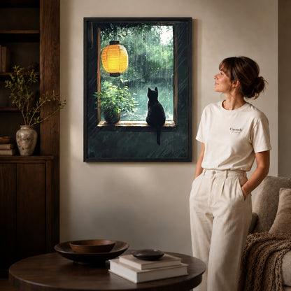 Black framed rainy window cat canvas art room scene assigned to all six black framed canvas sizes.