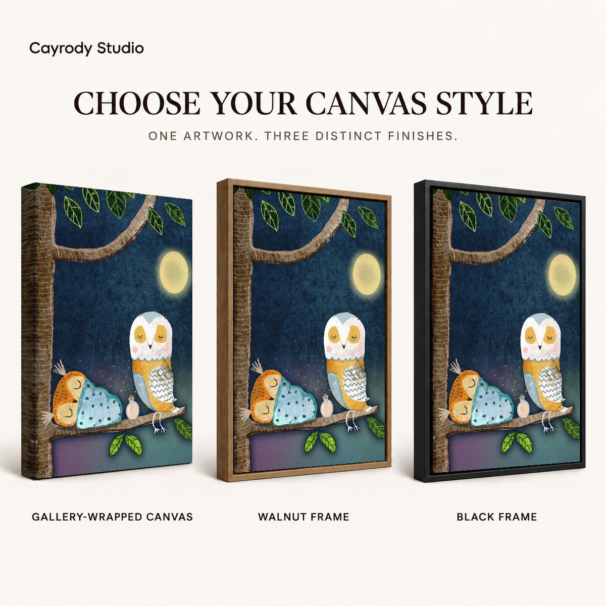 Moonlit Owl Family artwork finish chart showing gallery wrapped canvas, walnut frame, and black frame options.