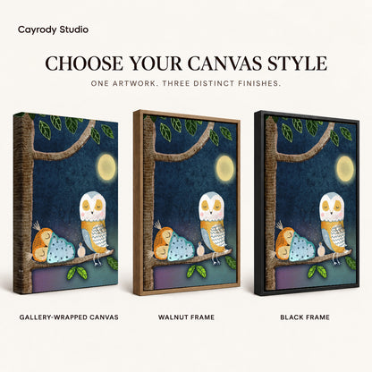 Moonlit Owl Family artwork finish chart showing gallery wrapped canvas, walnut frame, and black frame options.