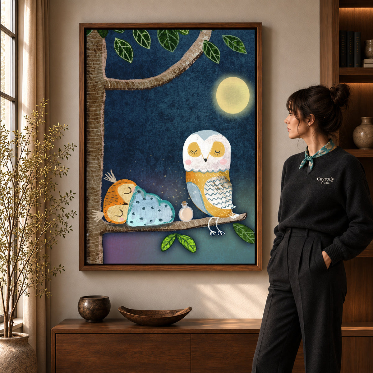 Walnut framed moonlit owl family artwork scene assigned to all six walnut framed canvas sizes.