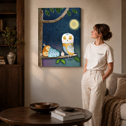 Gallery wrapped moonlit owl family artwork scene assigned to all six unframed wrapped canvas sizes.