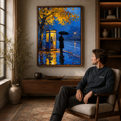 Walnut framed rainy blue telephone artwork above a seated man in a wood furnished living room.