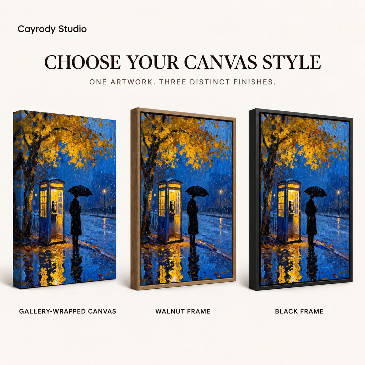 Rainy Blue Telephone artwork finish chart showing gallery wrapped canvas, walnut frame, and black frame options.