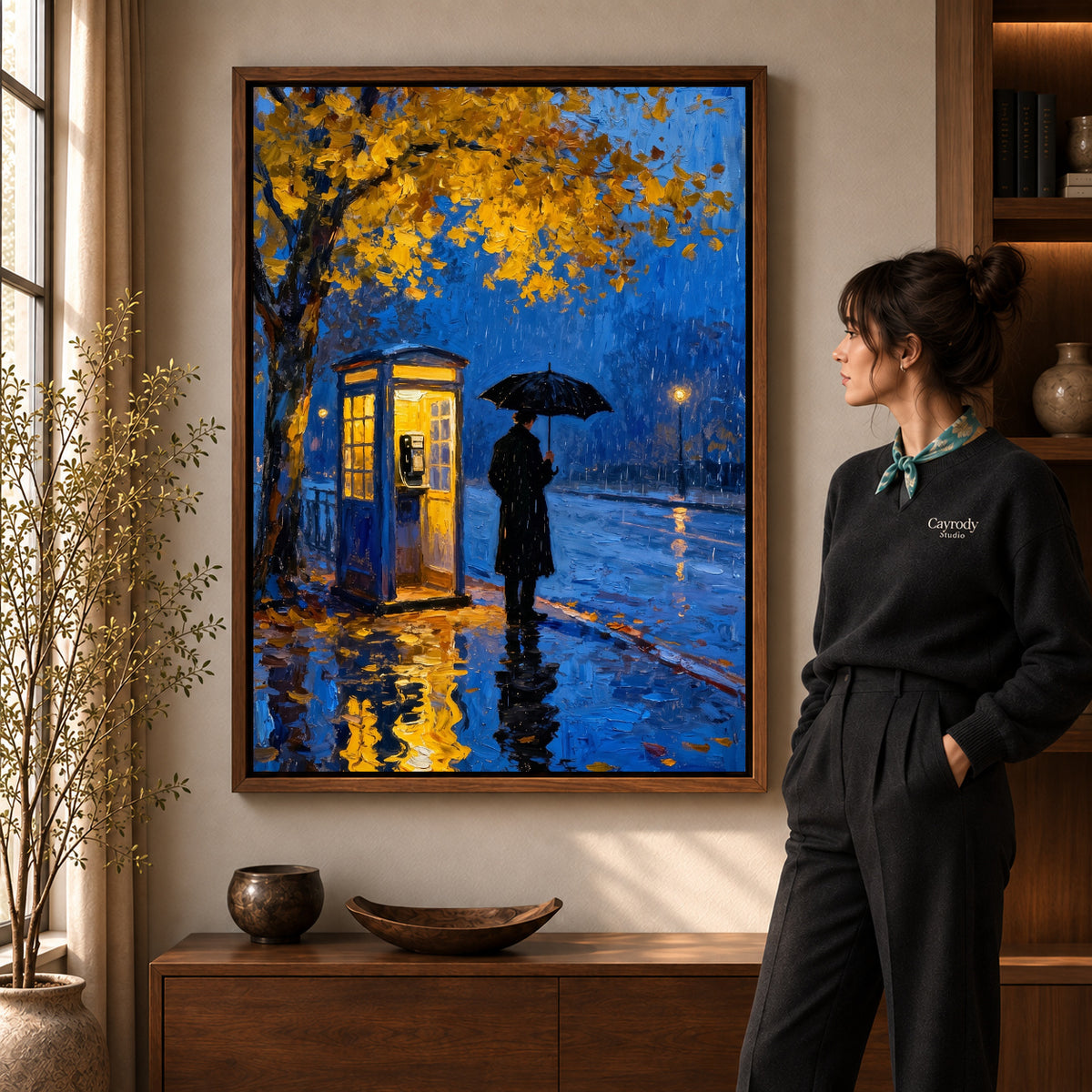 Walnut framed rainy blue telephone artwork scene assigned to all six walnut framed canvas sizes.