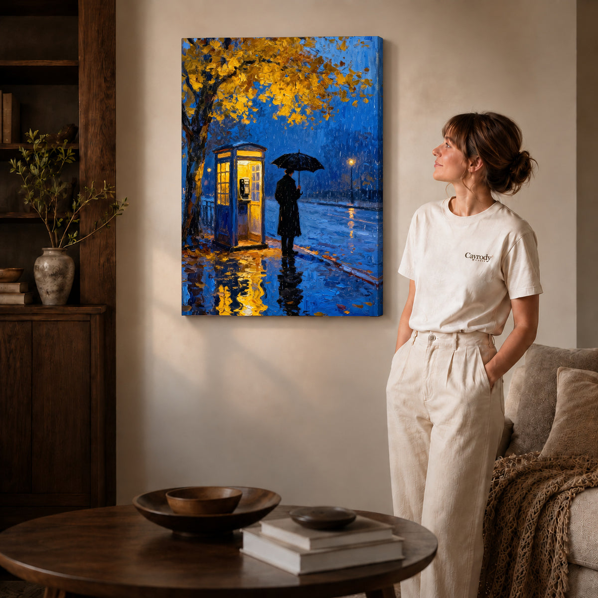 Gallery wrapped rainy blue telephone artwork scene assigned to all six unframed wrapped canvas sizes.
