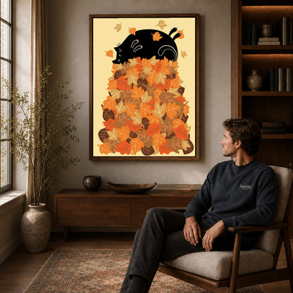 Walnut framed autumn leaf cat artwork above a seated man in a wood furnished living room.