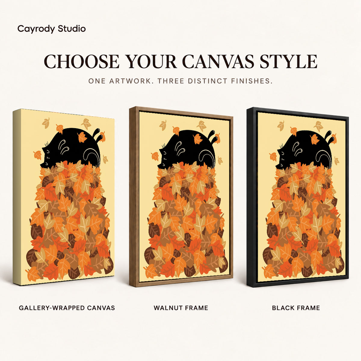 Autumn Leaf Cat artwork finish chart showing gallery wrapped canvas, walnut frame, and black frame options.