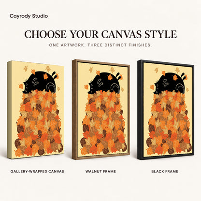 Autumn Leaf Cat artwork finish chart showing gallery wrapped canvas, walnut frame, and black frame options.