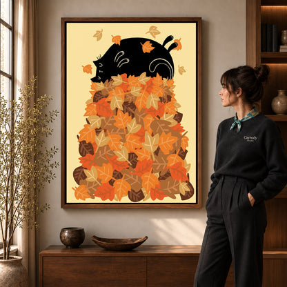 Walnut framed autumn leaf cat artwork scene assigned to all six walnut framed canvas sizes.