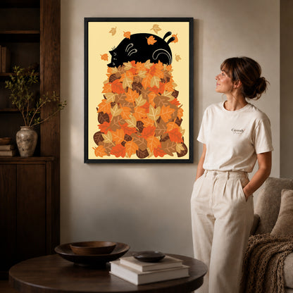 Black framed autumn leaf cat artwork scene assigned to all six black framed canvas sizes.