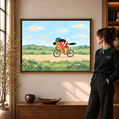 Country Cycling Dog artwork in a walnut frame beside a standing woman in a warm room.