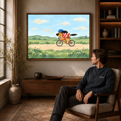 Walnut framed country cycling dog artwork above a seated man in a wood furnished living room.
