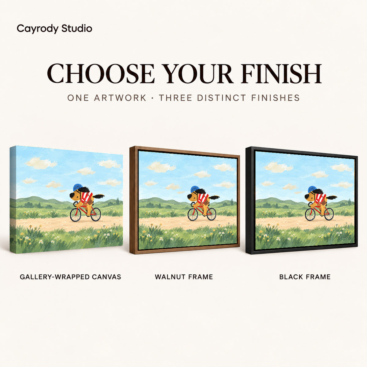 Country Cycling Dog artwork finish chart showing gallery wrapped canvas, walnut frame, and black frame options.