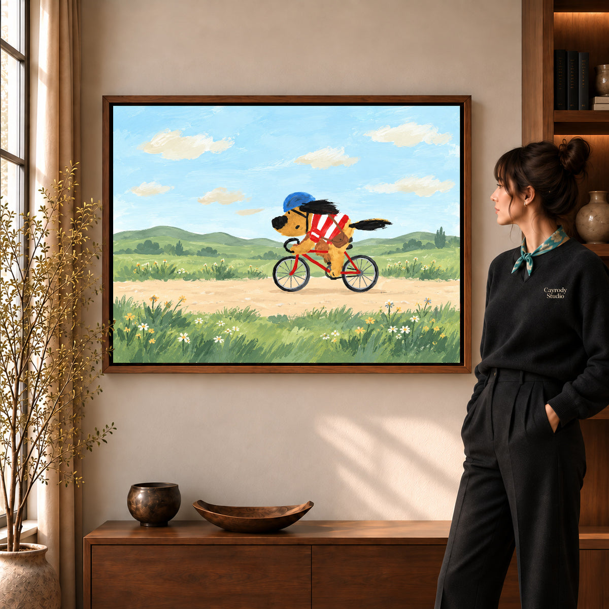 Walnut framed country cycling dog artwork scene assigned to all six walnut framed canvas sizes.