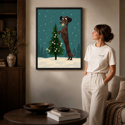 Black framed christmas dachshund tree artwork beside a woman in a warm neutral living room.