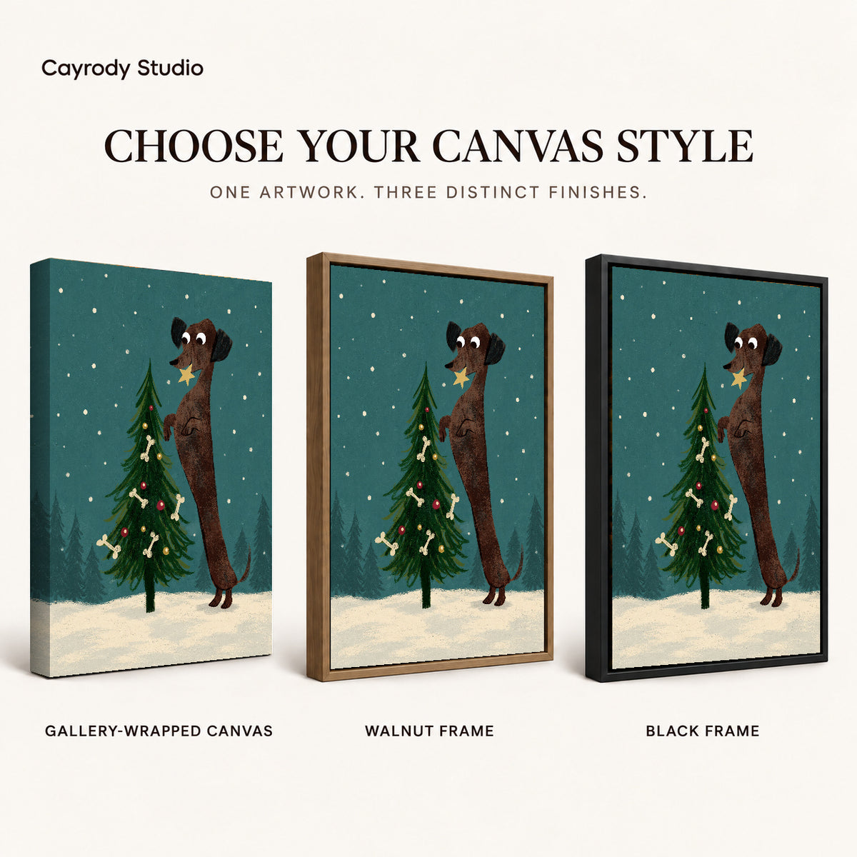 Christmas Dachshund Tree artwork finish chart showing gallery wrapped canvas, walnut frame, and black frame options.