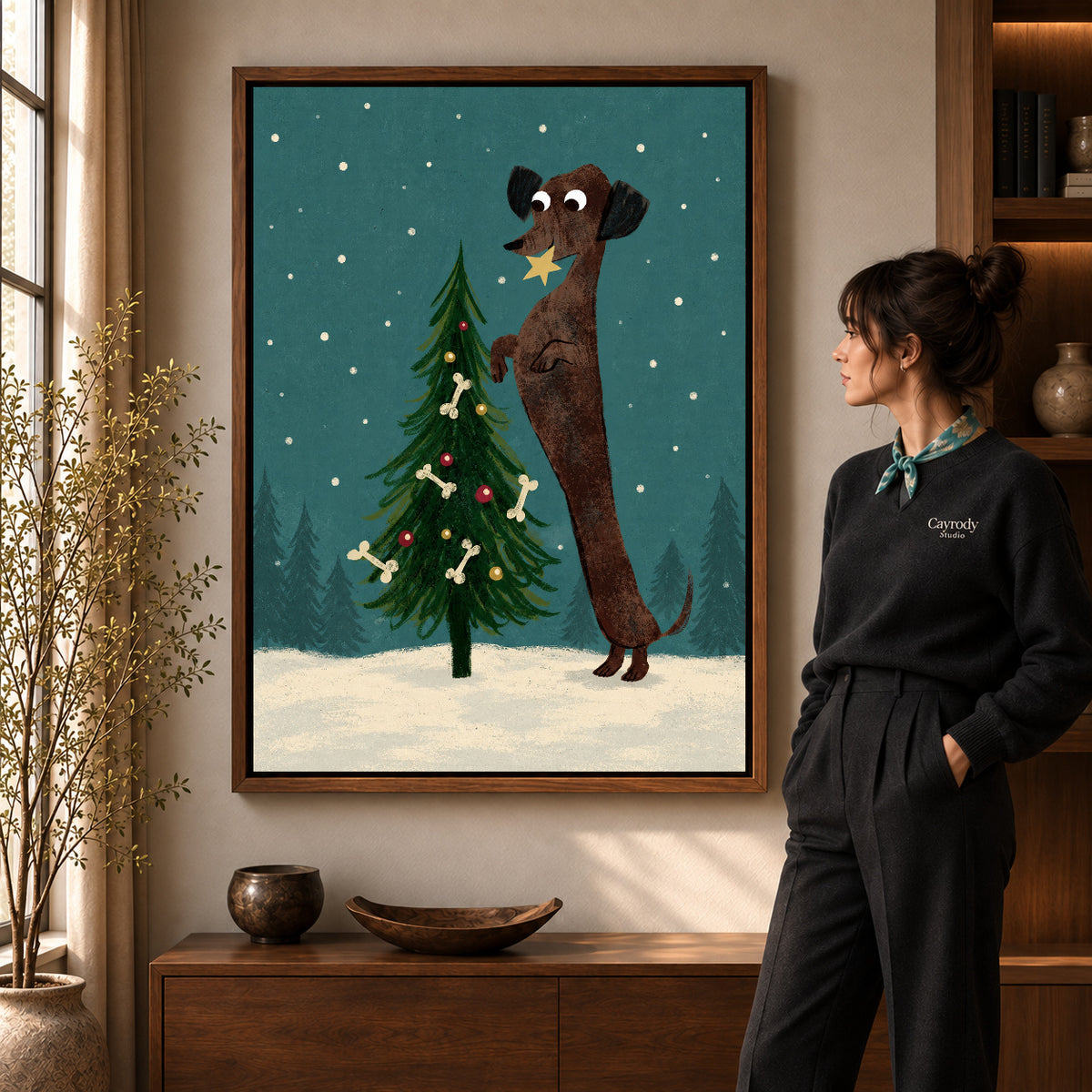 Walnut framed christmas dachshund tree artwork scene assigned to all six walnut framed canvas sizes.