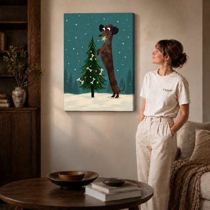 Gallery wrapped christmas dachshund tree artwork scene assigned to all six unframed wrapped canvas sizes.