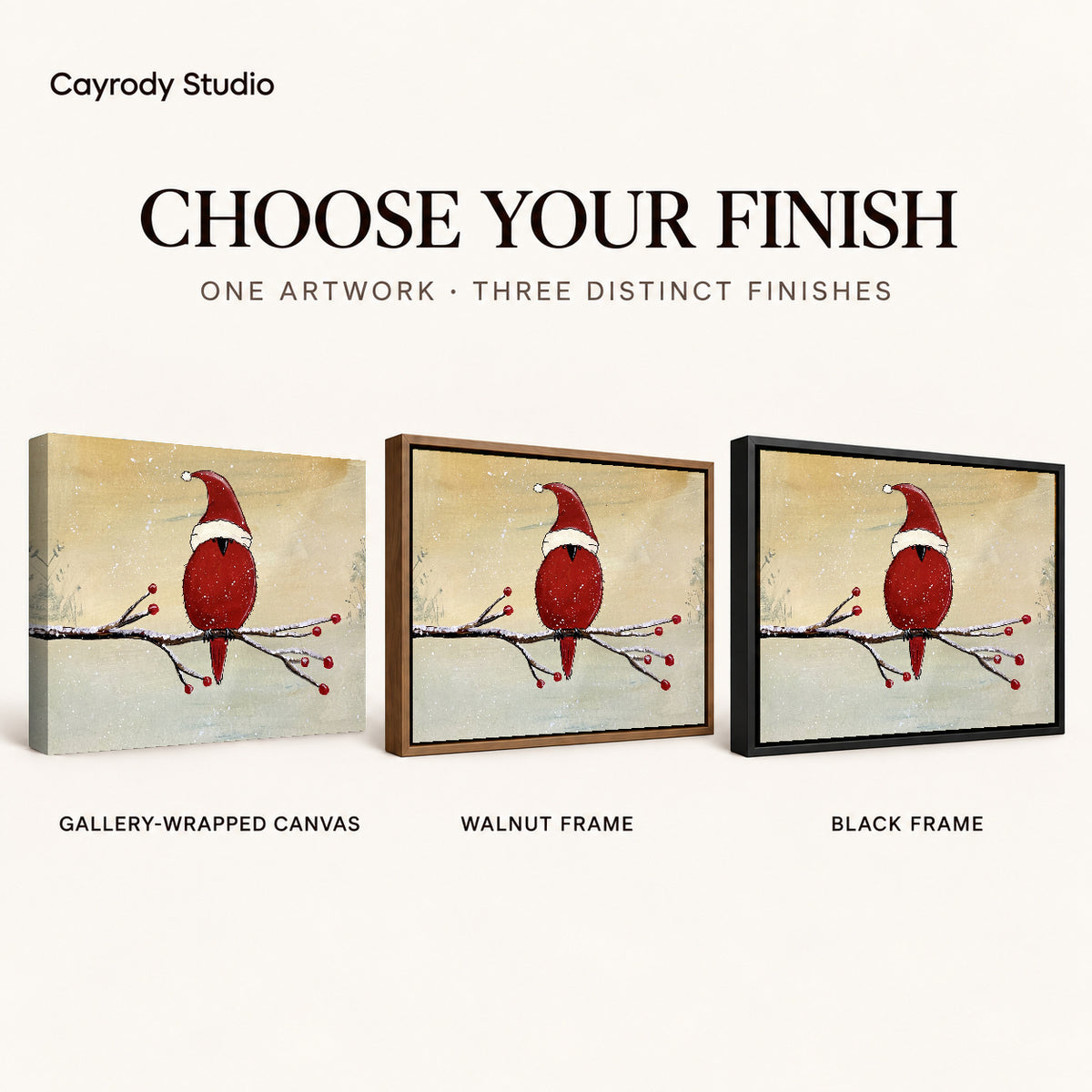 Christmas Cardinal artwork finish chart showing gallery wrapped canvas, walnut frame, and black frame options.