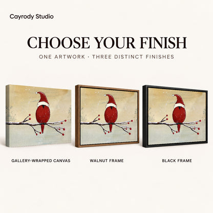 Christmas Cardinal artwork finish chart showing gallery wrapped canvas, walnut frame, and black frame options.