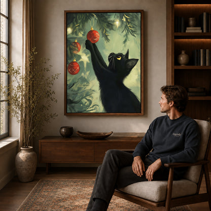 Walnut framed christmas bauble cat artwork above a seated man in a wood furnished living room.
