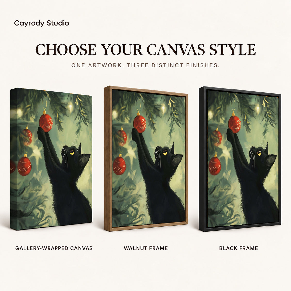 Christmas Bauble Cat artwork finish chart showing gallery wrapped canvas, walnut frame, and black frame options.