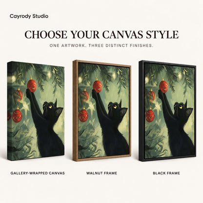 Christmas Bauble Cat artwork finish chart showing gallery wrapped canvas, walnut frame, and black frame options.