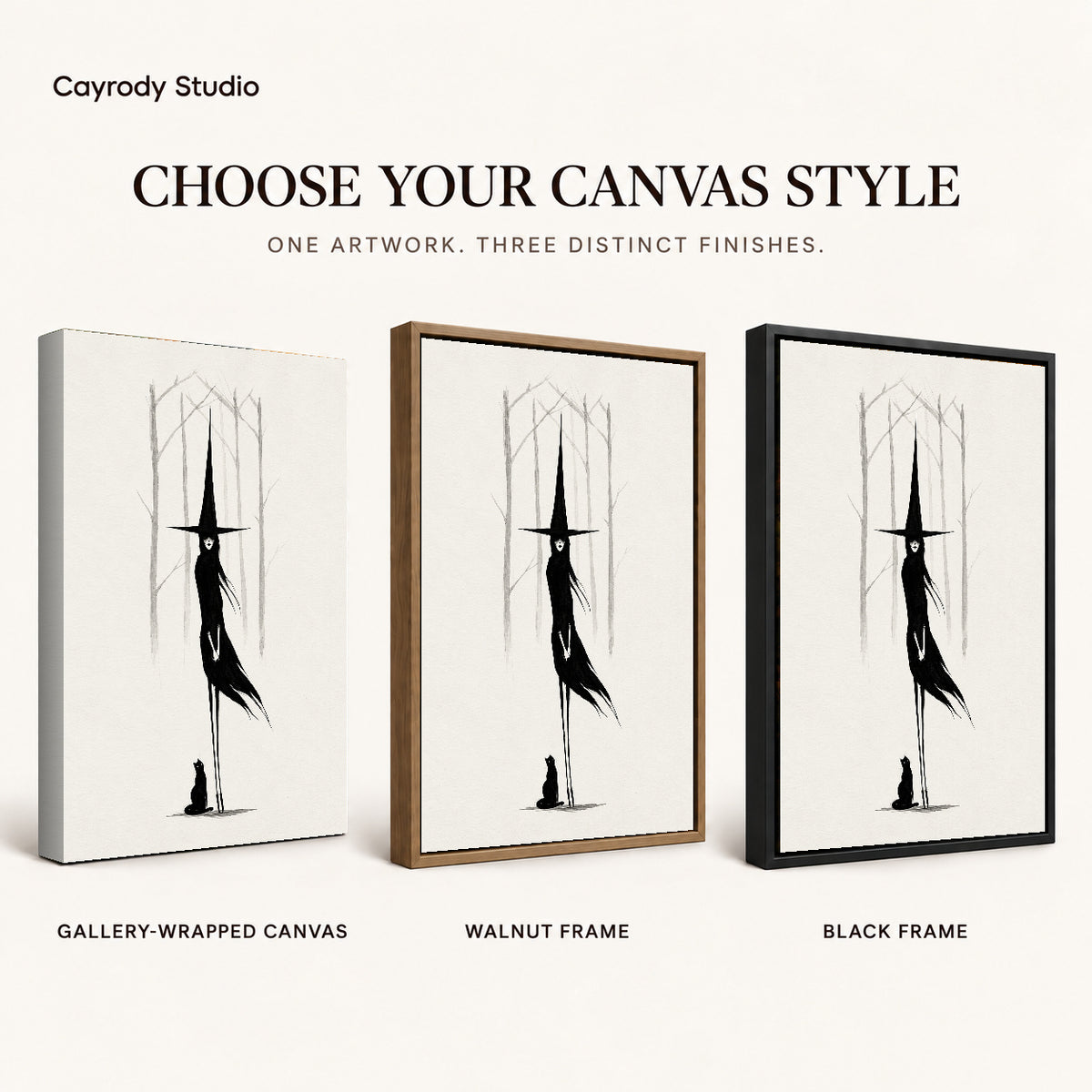 Tall Witch Companion artwork finish chart showing gallery wrapped canvas, walnut frame, and black frame options.