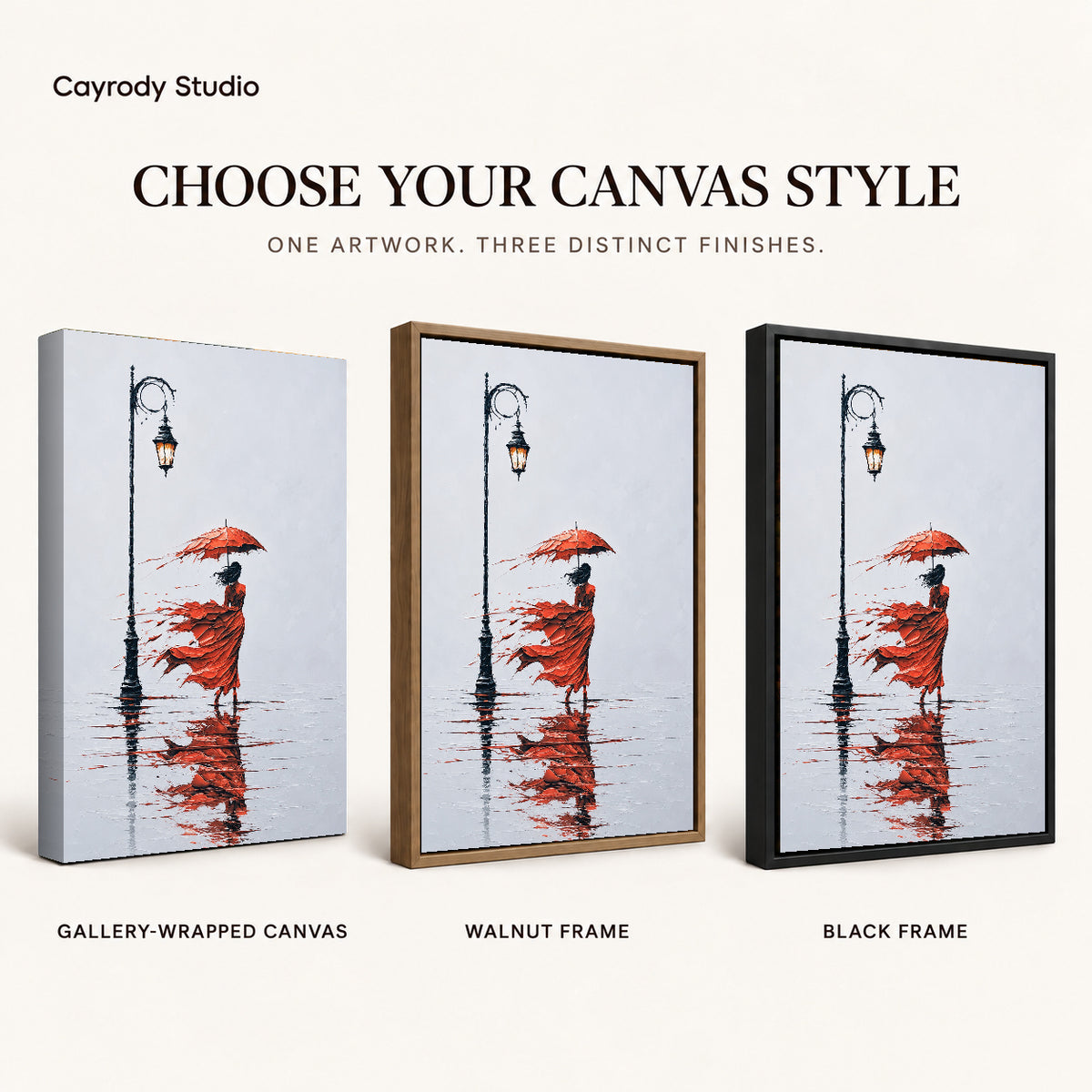 Windy Red Umbrella artwork finish chart showing gallery wrapped canvas, walnut frame, and black frame options.