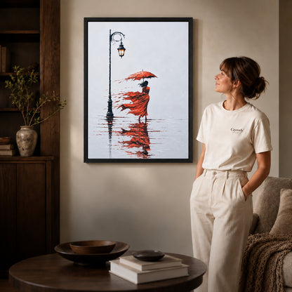 Black framed windy red umbrella artwork scene assigned to all six black framed canvas sizes.
